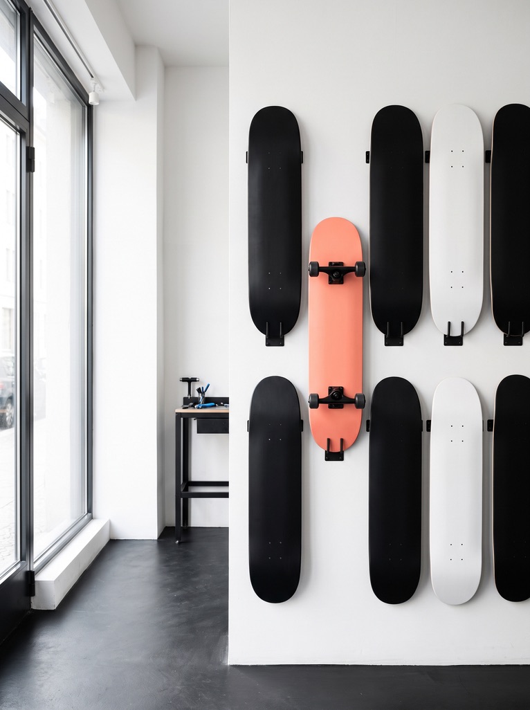 Wall of black and white skateboards with one peach board