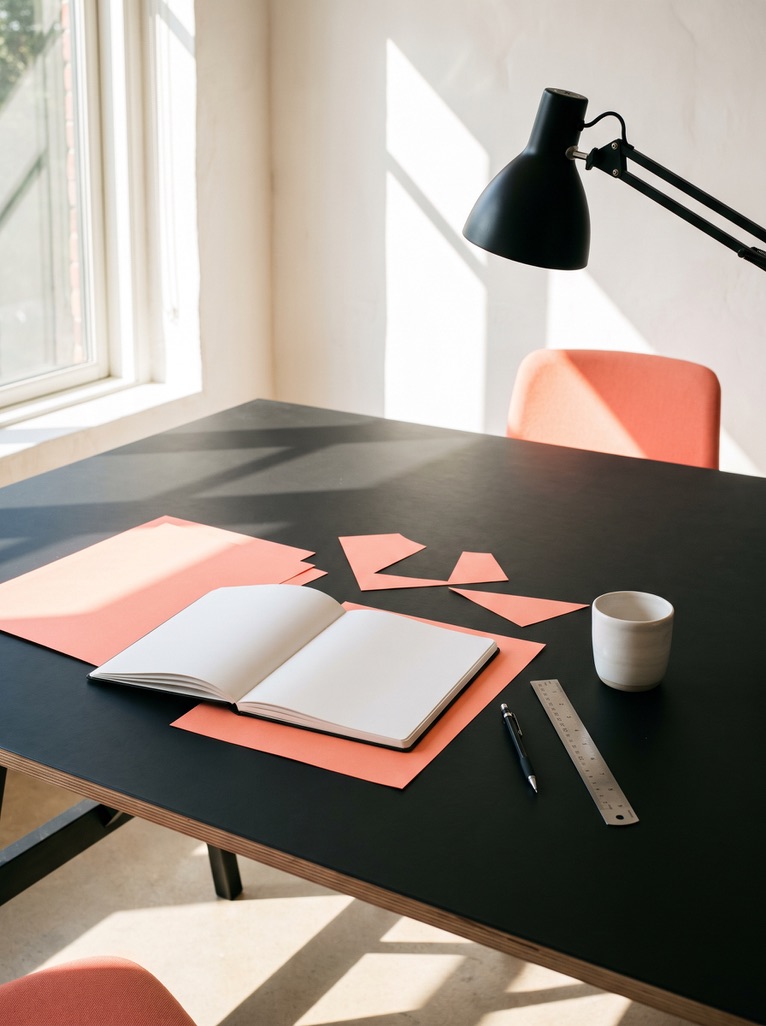 Black desk with a peach sheet of paper, an open notebook and a desk lamp