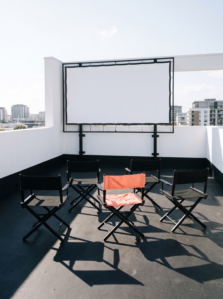 Peach director's chair facing an outdoor screen on a roof