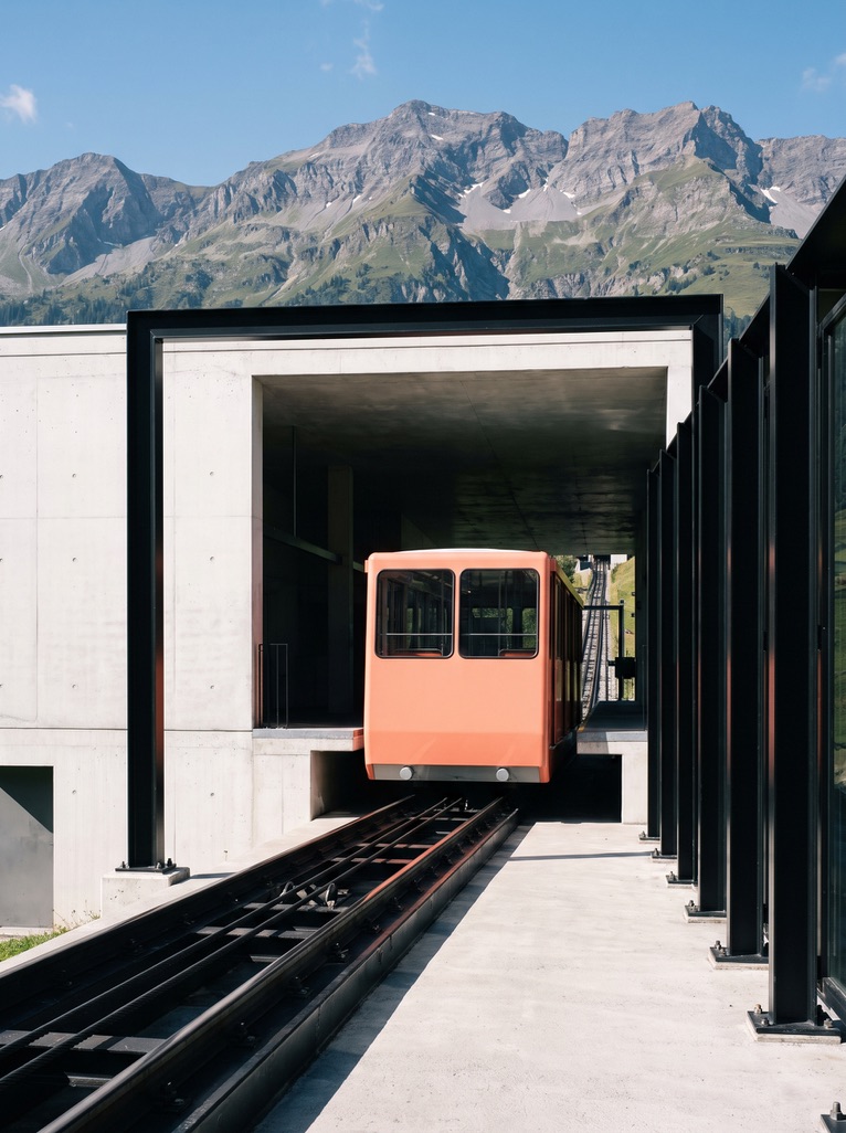 Peach funicular car leaving a concrete station below mountains