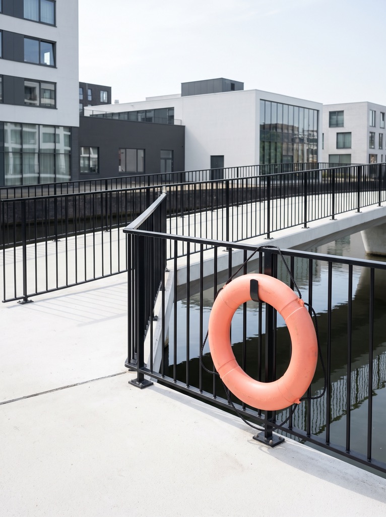 Peach life ring on a black railing by the water